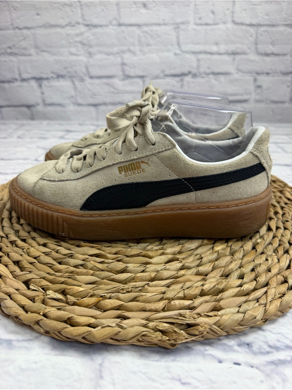 Puma Suede Platform Sneakers in Beige with Black Stripe and Gum Sole. Size 7.